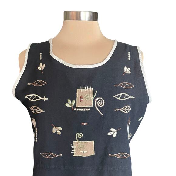 New Directions Black Linen Blend Sleeveless Midi Dress Embroidered Design MEDIUM - Picture 2 of 8